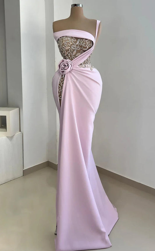 RP353-Modern Sheath/Column One Shoulder Pleated Beaded Sleeveless Prom Evening Dresses Formal Party Gowns With Flower