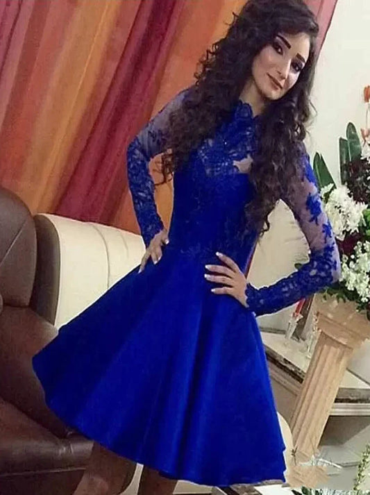 Royal Blue Appliques Long Sleeves High Neck Satin Sexy Short Lace Homecoming Graduation Party Cocktail Dresses Prom Gowns