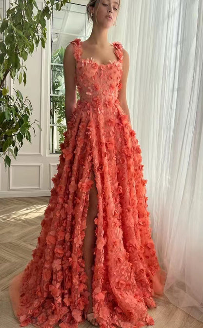 RP149-Charming A-Line Spaghetti Sleeveless 3D Flowers Long Prom Evening Dresses Formal Party Gowns With Slit