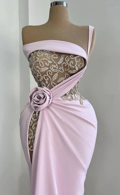 RP353-Modern Sheath/Column One Shoulder Pleated Beaded Sleeveless Prom Evening Dresses Formal Party Gowns With Flower