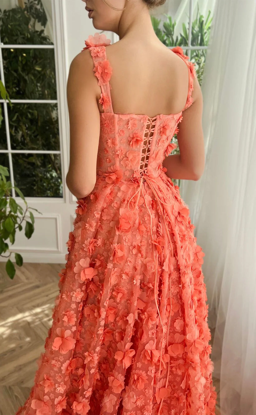 RP149-Charming A-Line Spaghetti Sleeveless 3D Flowers Long Prom Evening Dresses Formal Party Gowns With Slit