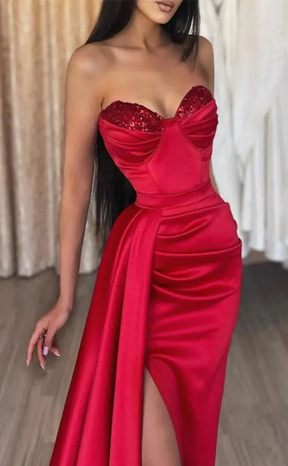 RP093-Red Sexy Mermaid Sweetheart Sleeveless Beads Pleated High Side Slit Long Satin Evening Dresses Party Prom Gowns Custom