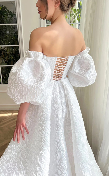 RP164-White A-Line Spaghetti Detachable Short Sleeves Long Prom Evening Dresses Formal Party Gowns With Slit