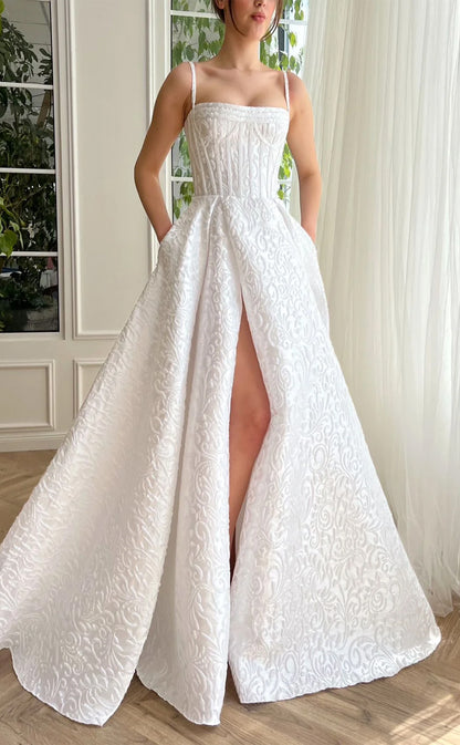 RP164-White A-Line Spaghetti Detachable Short Sleeves Long Prom Evening Dresses Formal Party Gowns With Slit