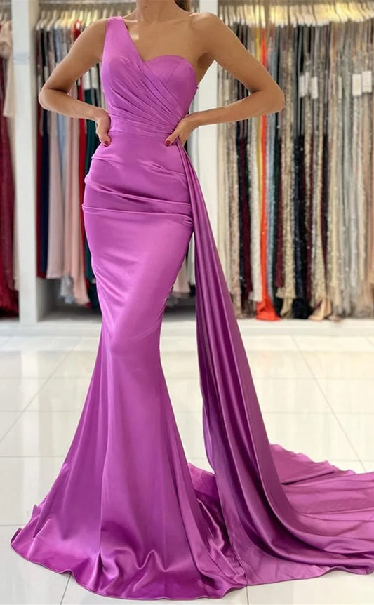 RP714-Eleagnt Purple Mermaid One Shoulder Ruched Sleeveless Satin Long Prom Evening Dresses Formal Party Gowns With a Train