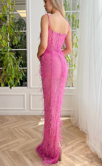 RP165-Pink Mermaid Spaghetti Sleeveless Beads Pearls Long Prom Evening Dresses Formal Party Gowns