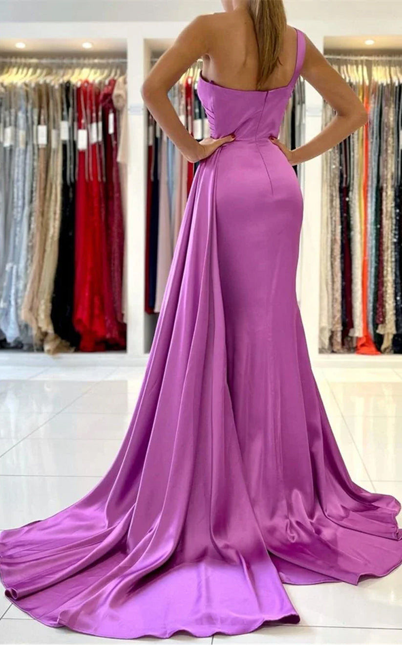 RP714-Eleagnt Purple Mermaid One Shoulder Ruched Sleeveless Satin Long Prom Evening Dresses Formal Party Gowns With a Train