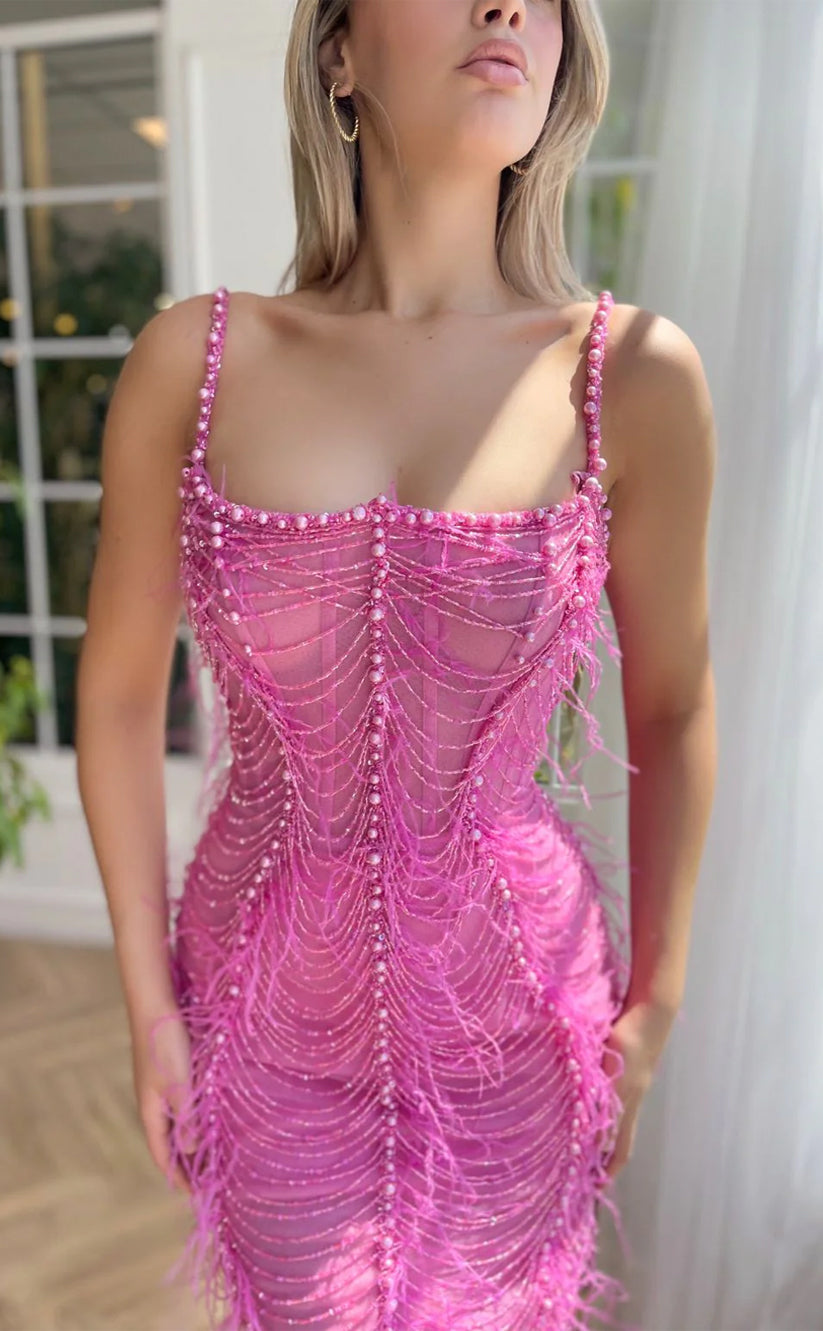 RP165-Pink Mermaid Spaghetti Sleeveless Beads Pearls Long Prom Evening Dresses Formal Party Gowns