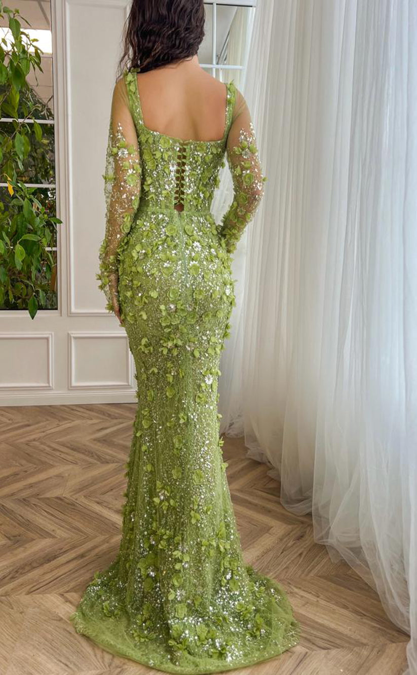 RP166-Green Mermaid Sweetheart Long Sleeves Beads 3D Flowers Long Prom Evening Dresses Formal Party Gowns