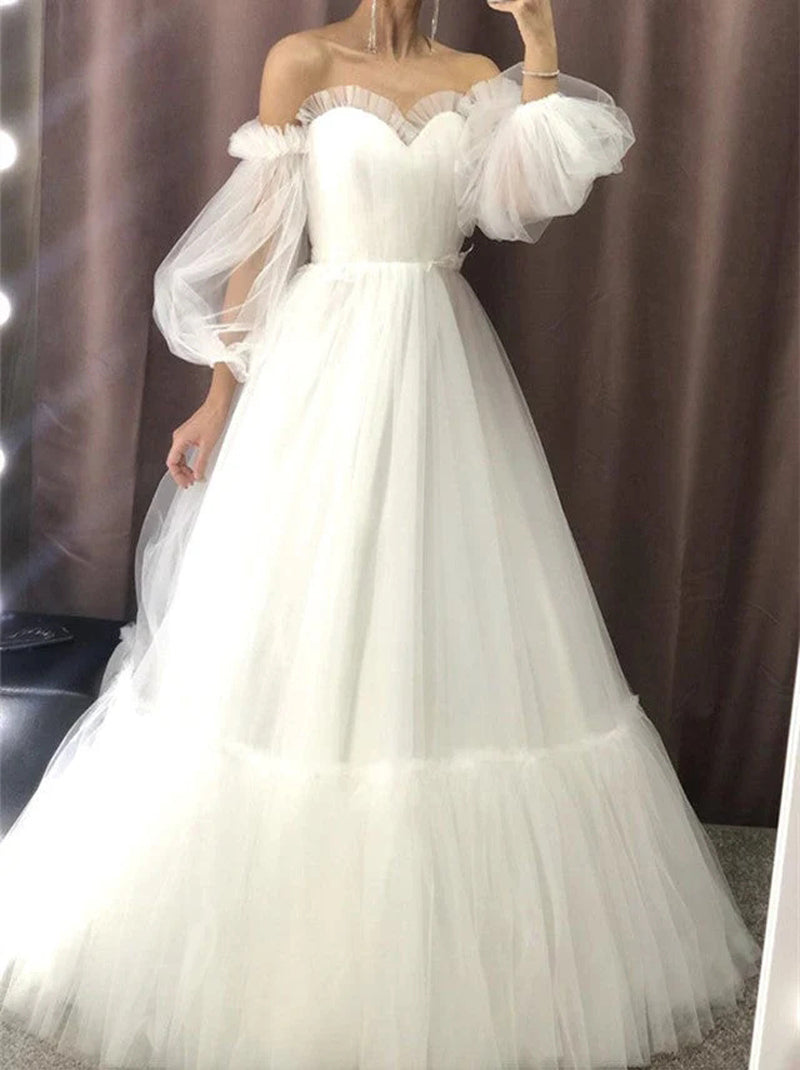 Simple A-Line Wedding Dresses Sweetheart Puffy Long Sleeves Lace Up Tulle Floor Length Bridal Gowns Custom Made