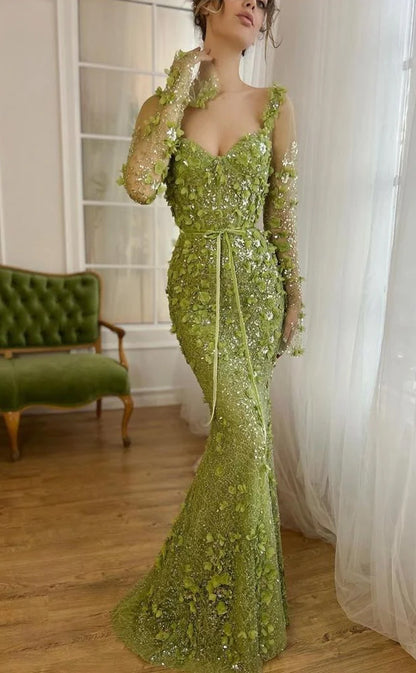 RP166-Green Mermaid Sweetheart Long Sleeves Beads 3D Flowers Long Prom Evening Dresses Formal Party Gowns