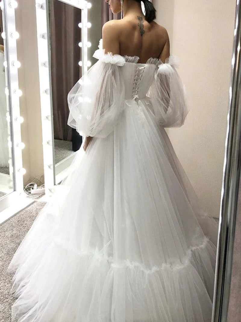 Simple A-Line Wedding Dresses Sweetheart Puffy Long Sleeves Lace Up Tulle Floor Length Bridal Gowns Custom Made
