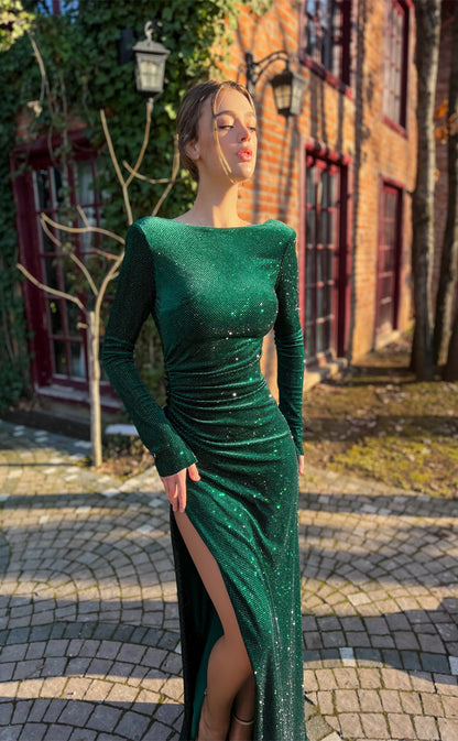 RP167-Green Mermaid Scoop Long Sleeves Sequins Long Prom Evening Dresses Formal Party Gowns With Slit