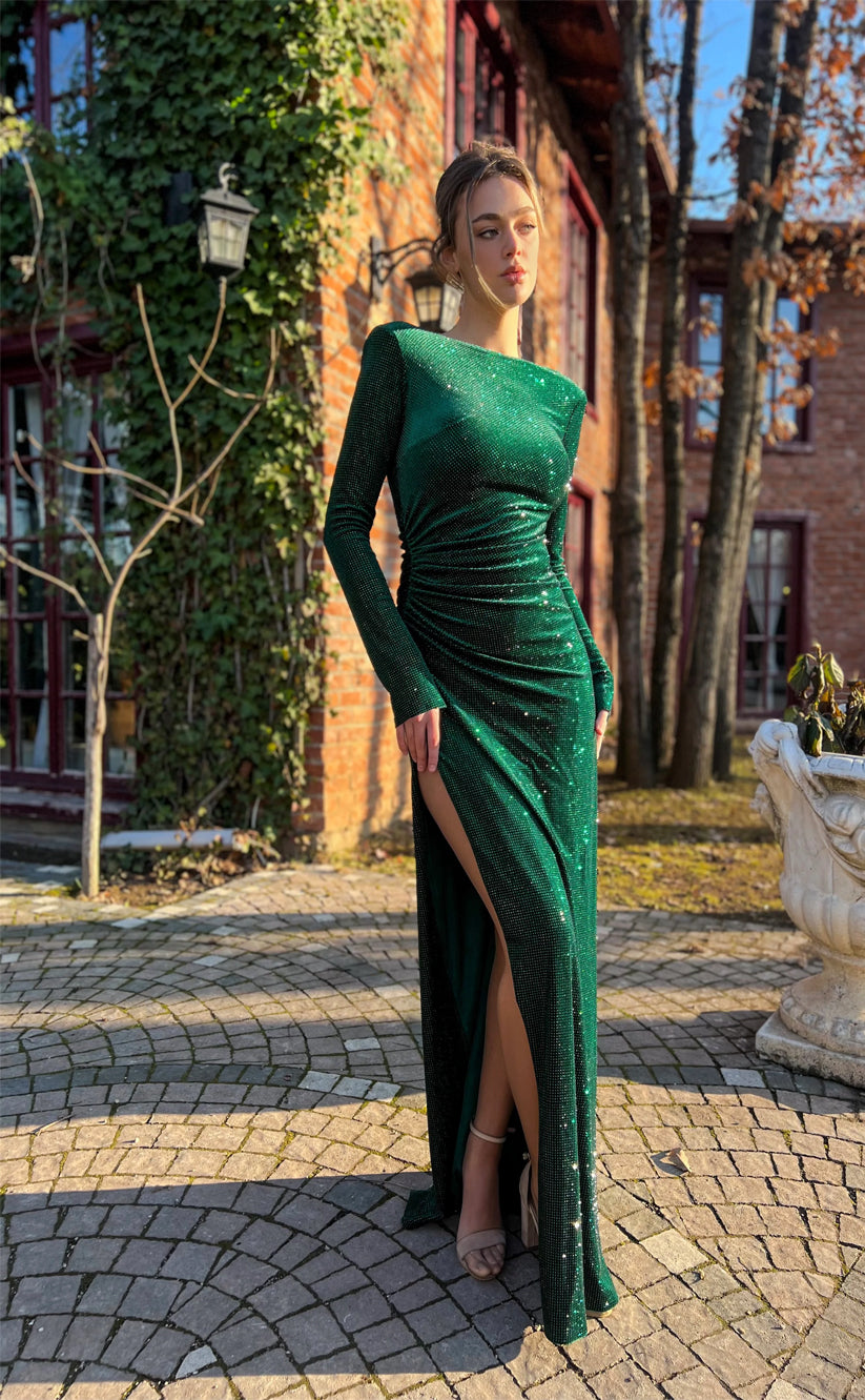 RP167-Green Mermaid Scoop Long Sleeves Sequins Long Prom Evening Dresses Formal Party Gowns With Slit