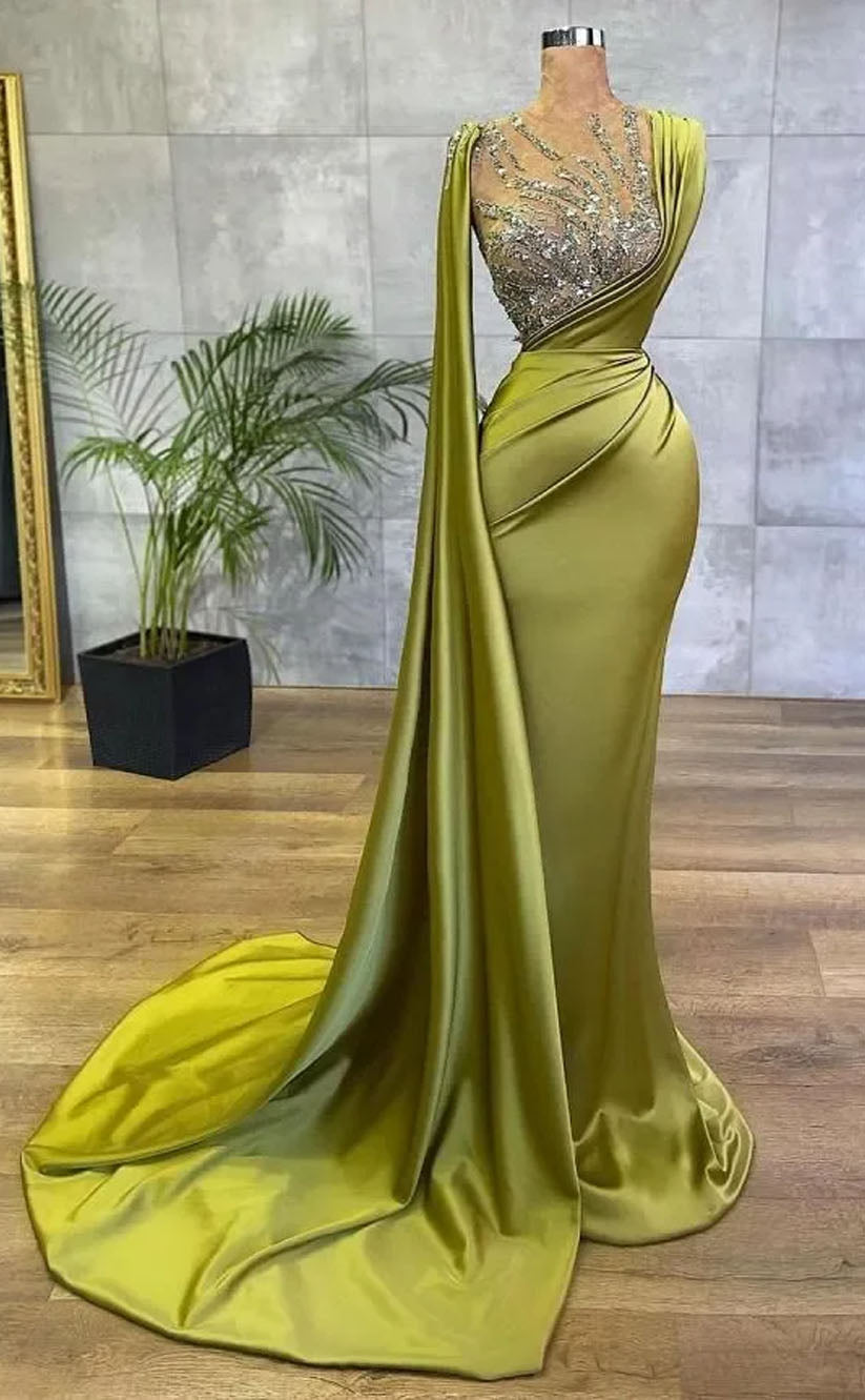 RP1694-Fashion Olive Mermaid High Neck Beaded Appliqued Long Sleeves Satin Prom Evening Dresses Formal Party Gowns With Train