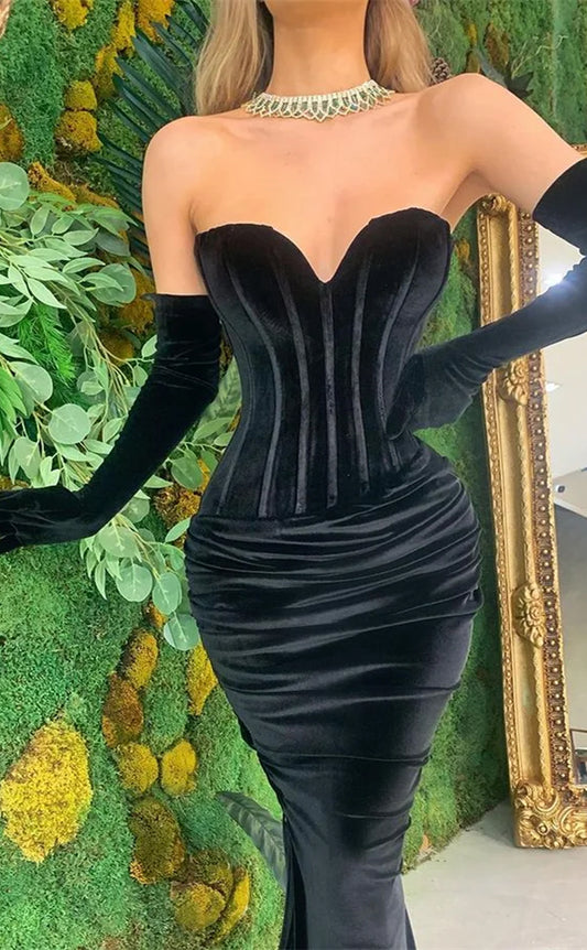 RP719-Gorgeous Black Mermaid Sweetheart Ruched Long Sleeves Velvet Long Prom Evening Dresses Formal Party Gowns