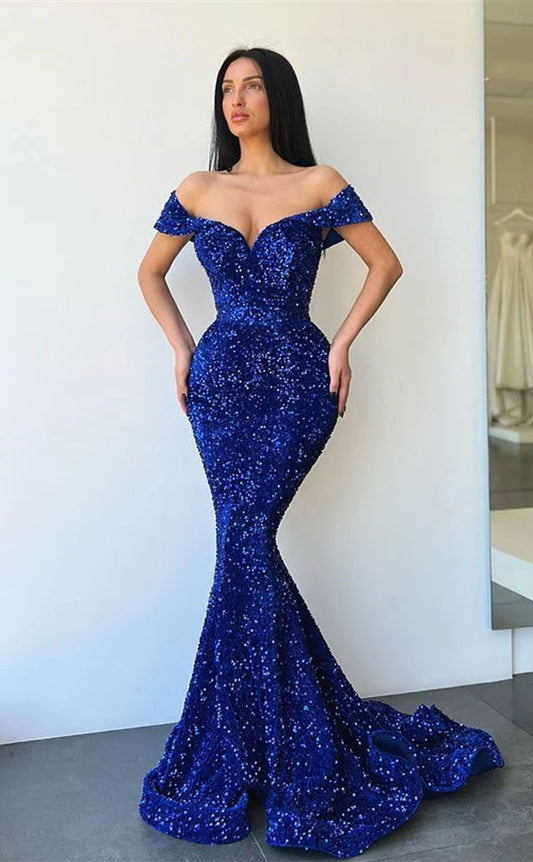 RP1693-Sparkling Royal Blue Mermaid Off-the-Shoulder Sequins Cap Sleeves Prom Evening Dresses Formal Party Gowns With Train