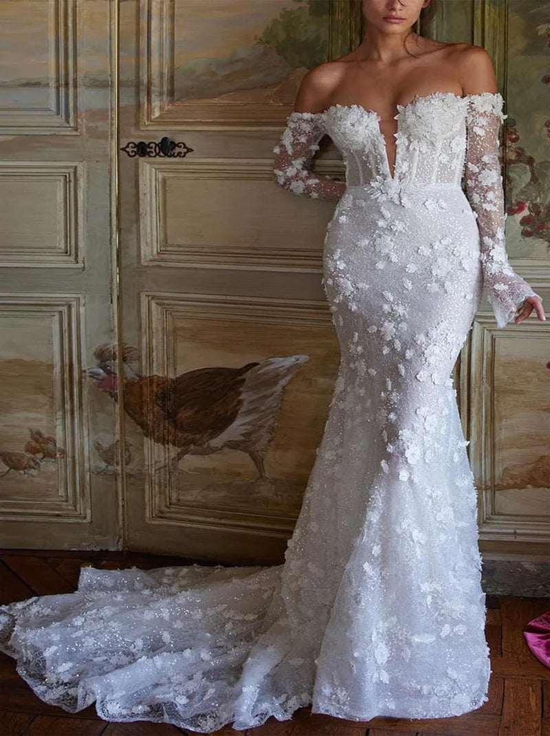 Gorgeous Mermaid Wedding Dresses Sweetehart Appliqued Beads Long Sleeves Sweep Train Bridal Gowns Custom Made