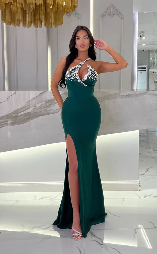 RP1694-New Green Mermaid One Shoulder Crystals Sleeveless Satin Prom Evening Dresses Formal Party Gowns With Slit