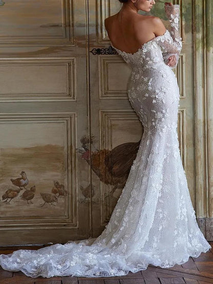 Gorgeous Mermaid Wedding Dresses Sweetehart Appliqued Beads Long Sleeves Sweep Train Bridal Gowns Custom Made