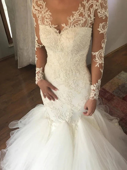 Sexy Mermaid Wedding Dresses V-Neck Appliqued Beads Long Sleeves Covered Buttons Tulle Sweep Train Bridal Gowns For Women