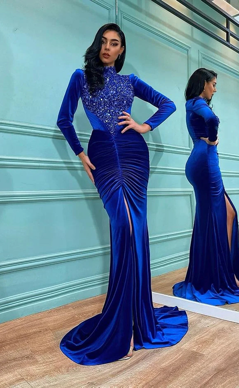 RP721-Gorgeous Royal Blue Mermaid High Neck Ruched Sequins Beads Velvet Long Sleeves Velvet Prom Evening Dresses Formal Party Gowns With Slit