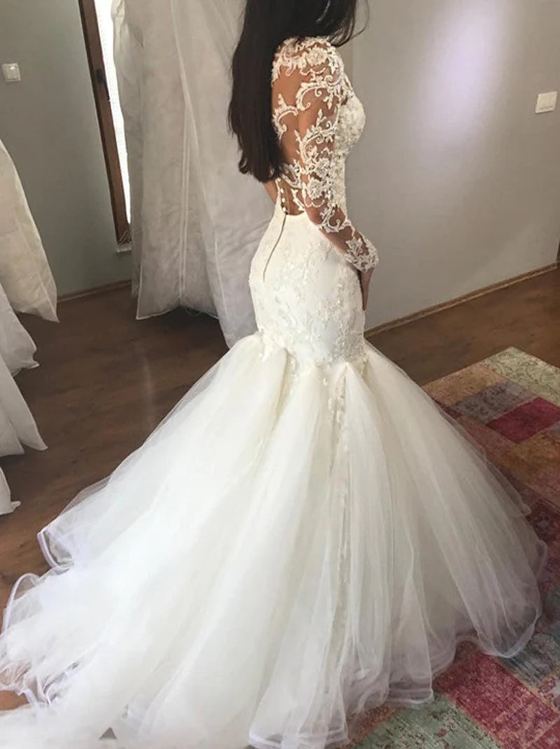 Sexy Mermaid Wedding Dresses V-Neck Appliqued Beads Long Sleeves Covered Buttons Tulle Sweep Train Bridal Gowns For Women