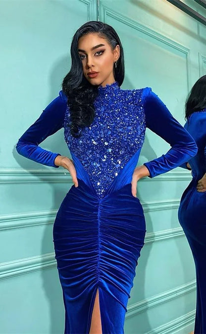 RP721-Gorgeous Royal Blue Mermaid High Neck Ruched Sequins Beads Velvet Long Sleeves Velvet Prom Evening Dresses Formal Party Gowns With Slit