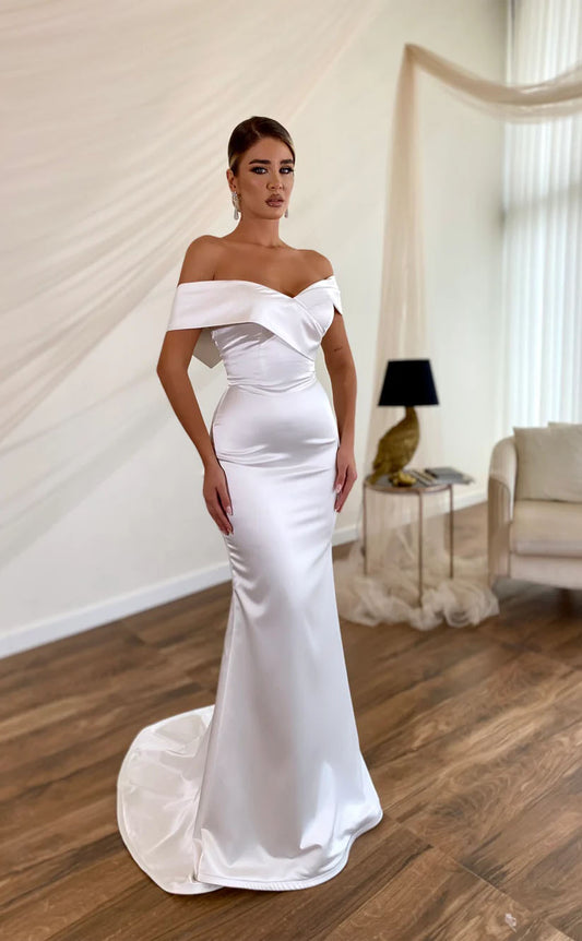 RP1695-Elegant White Mermaid Off-the-Shoulder Bowknot Cap Sleeves Satin Prom Evening Dresses Formal Party Gowns With Train