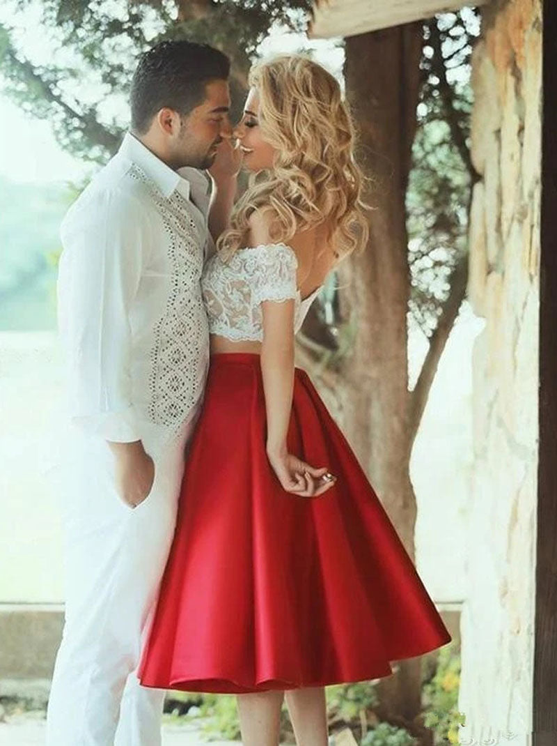 Elegant Two Pieces A-Line Off The Shoulder  Appliques Tea Length Lace Satin Homecoming Graduation Dresses Ball Gown Cocktail Dresses