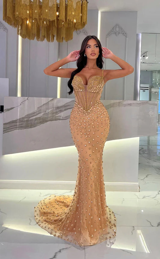 RP1699-Fashion Champagne Mermaid Spaghetti Appliqued Crystals Sleeveless Tulle Prom Evening Dresses Formal Party Gowns With Train