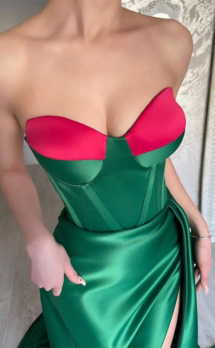 RP722-Simple Green Mermaid Sweetheart Ruched Sleeveless Satin Long Prom Evening Dresses Formal Party Gowns With Slit