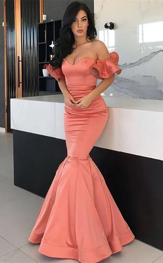 RP723-Elegant Mermaid Off-the-Shoulder Ruched Cap Sleeves Long Prom Evening Dresses Formal Party Gowns