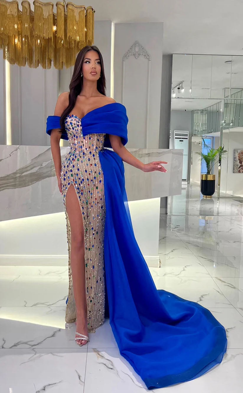 RP1700-Sparkling Royal Blue Mermaid Off-the-Shoulder Crystals Cap Sleeves Prom Evening Dresses Formal Party Gowns With Slit