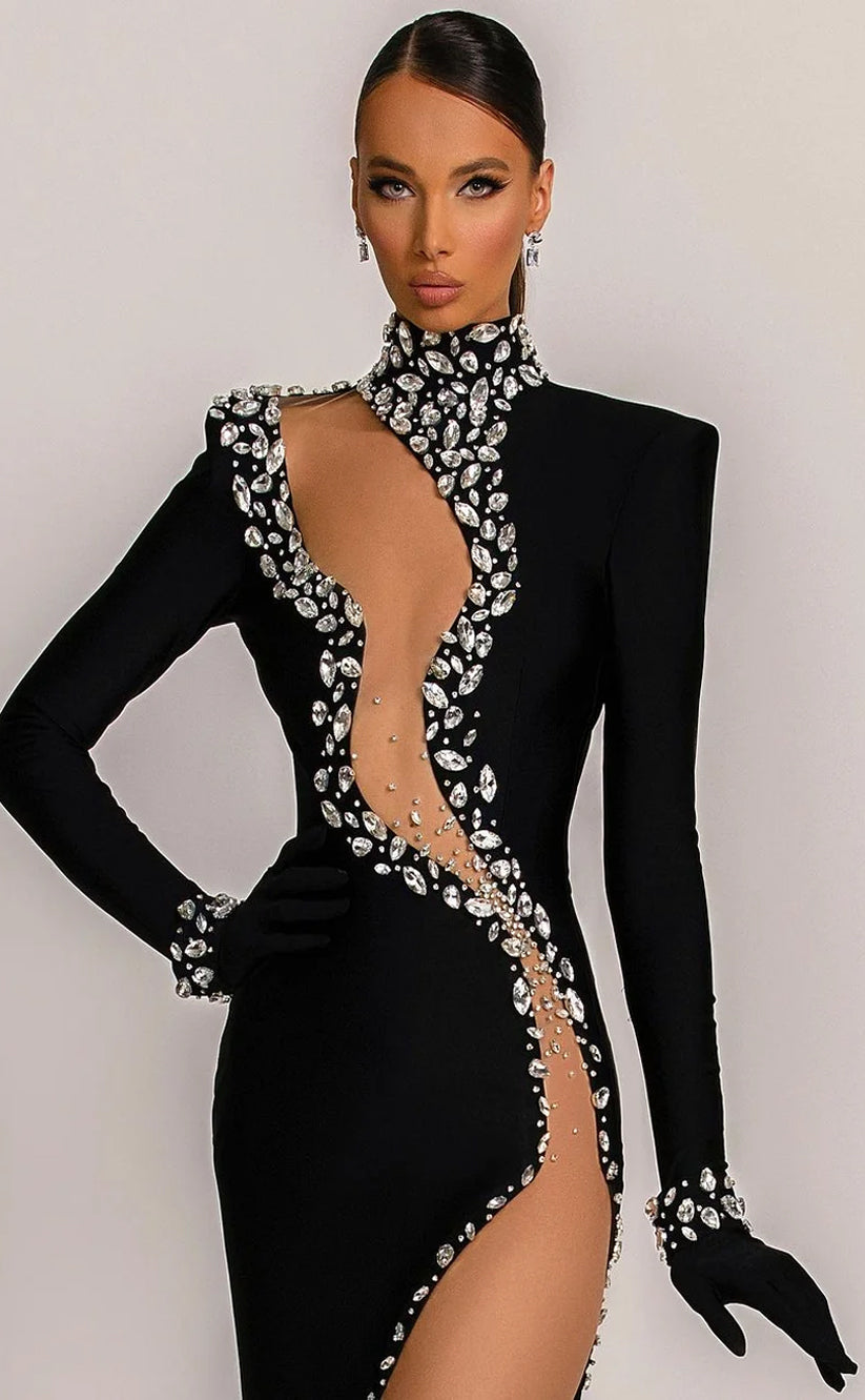 RP724-Gorgeous Black Mermaid High Neck Crystals Beads Long Sleeves Satin Prom Evening Dresses Formal Party Gowns With Slit