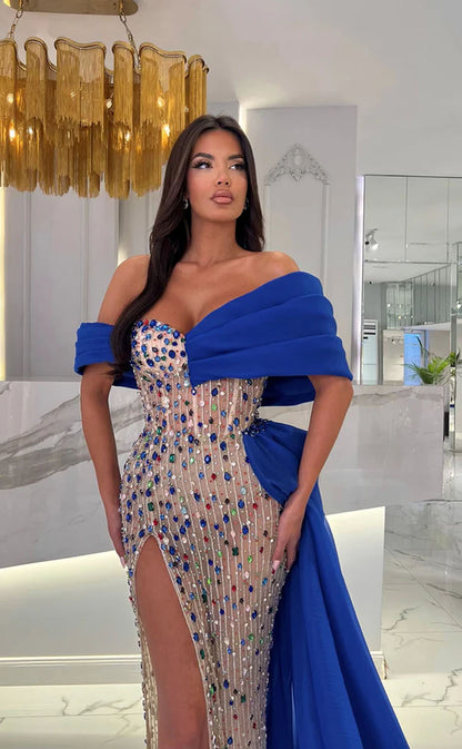 RP1700-Sparkling Royal Blue Mermaid Off-the-Shoulder Crystals Cap Sleeves Prom Evening Dresses Formal Party Gowns With Slit