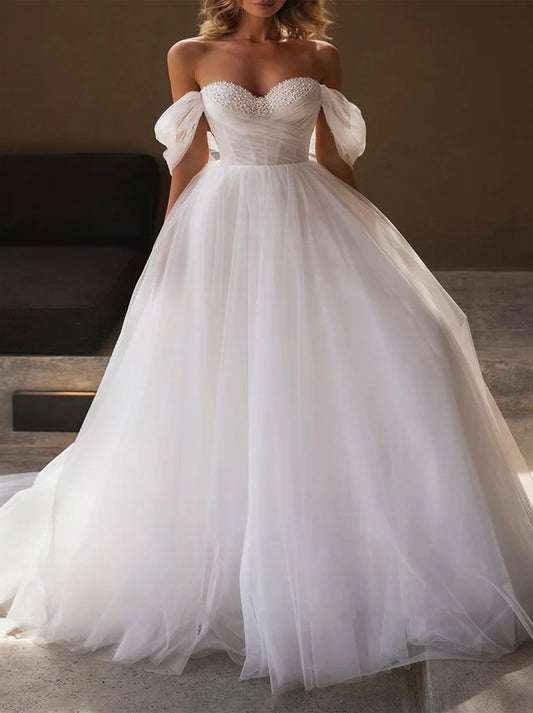 Classic & Simple A-Line Wedding Dresses Sweetheart Sleeveless Beads Tulle Sweep Train Bridal Gowns