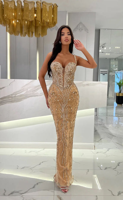 RP1697-Fashion Champagne Mermaid Spaghetti Appliqued Crystals Sleeveless Floor Length Prom Evening Dresses Formal Party Gowns