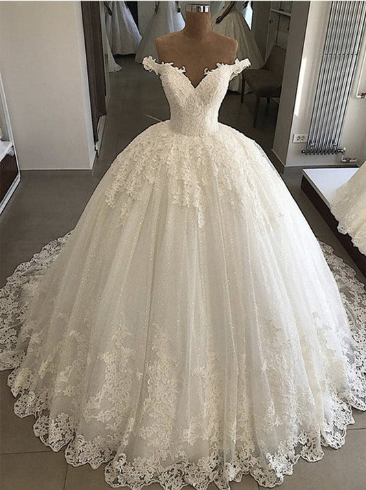 Charming Ball Gown Wedding Dresses Off The Shoulder Appliqued Cap Sleeves Lace Up Sweep Train Tulle Bridal Gowns Custom Made