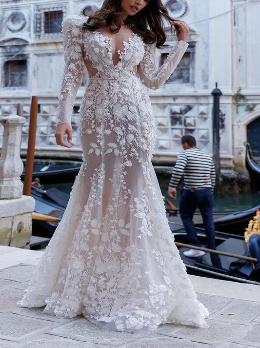 Elegant Mermaid Wedding Dresses V-Neck Appliqued Long Sleeves Tulle Sweep Train Bridal Gowns Custom Made