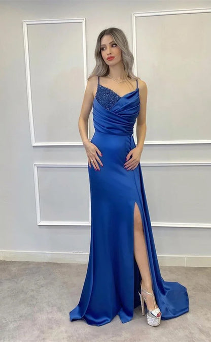 RP727-Gorgeous Mermaid Spaghetti Beads Sequins Sleeveless Long Prom Evening Dresses Formal Party Gowns With Slit