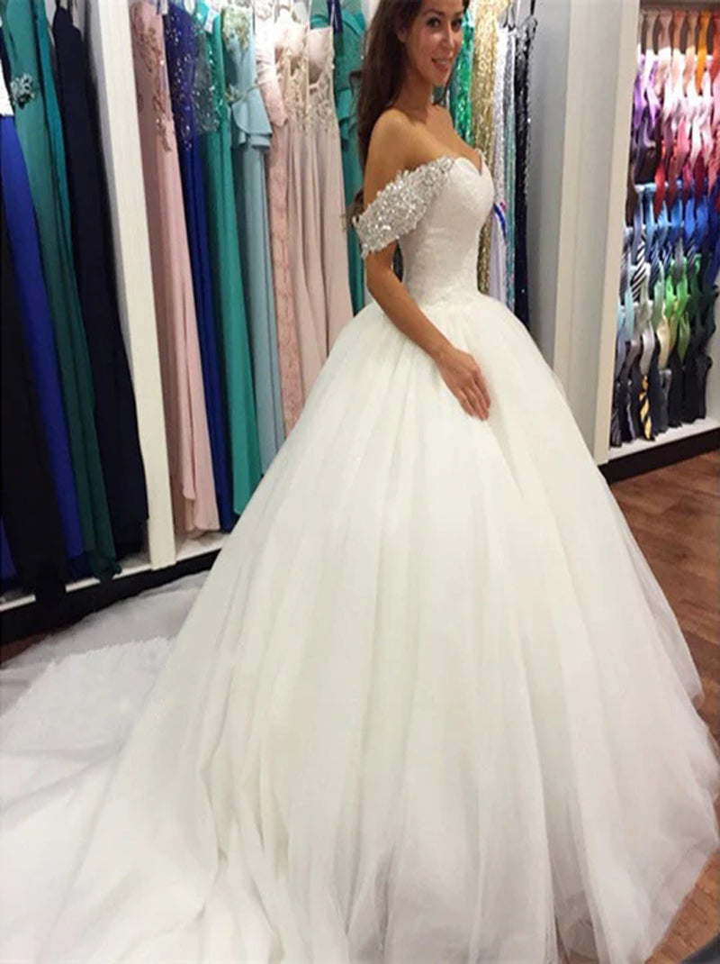 Elegant Ball Gown Wedding Dresses Sweetheart Cap Sleeves Beads Rhinestones Lace Up Court Train Bridal Gowns Custom Made