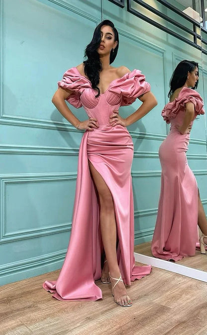 RP728-Elegant Pink Mermaid Off-the-Shoulder Ruched Cap Sleeves Long Prom Evening Dresses Formal Party Gowns With Slit