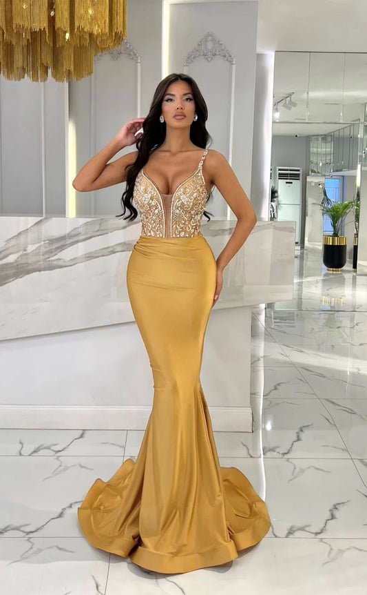 RP1701-Fashion Champagne Mermaid Spaghetti Appliqued Sleeveless Satin Prom Evening Dresses Formal Party Gowns With Train