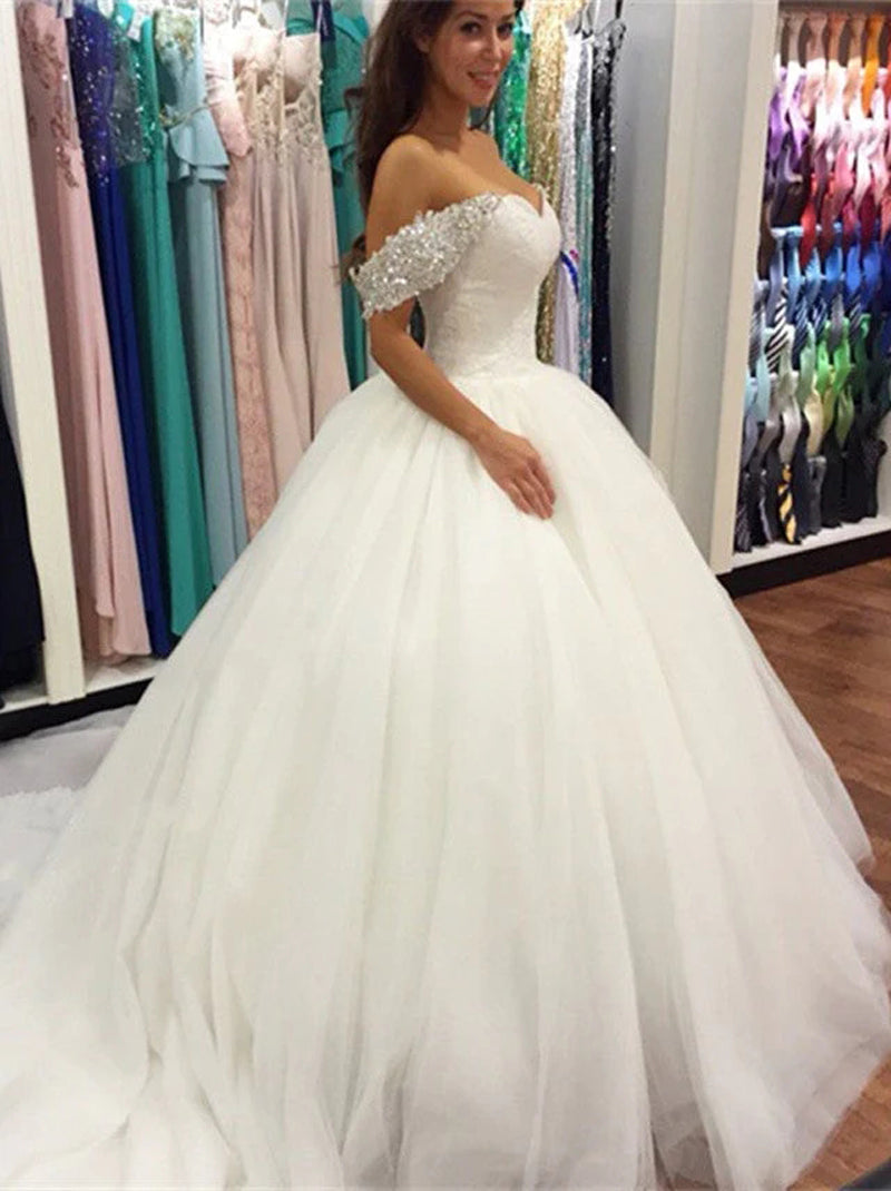 Elegant Ball Gown Wedding Dresses Sweetheart Cap Sleeves Beads Rhinestones Lace Up Court Train Bridal Gowns Custom Made