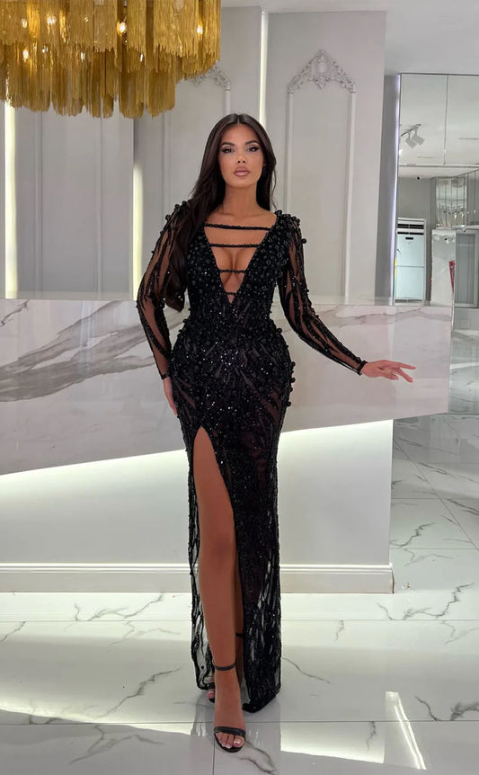 RP1702-Luxurious Mermaid V-Neck Pearls Beads Long Sleeves Prom Evening Dresses Formal Party Gowns With Slit