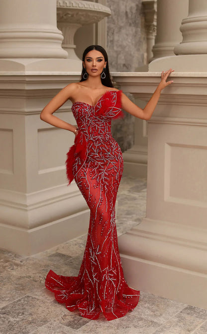 RP1732-Sparkling Red Mermaid Sweetheart Feather Beads Sleeveless Sequins Prom Evening Dresses Formal Party Gowns With Slit
