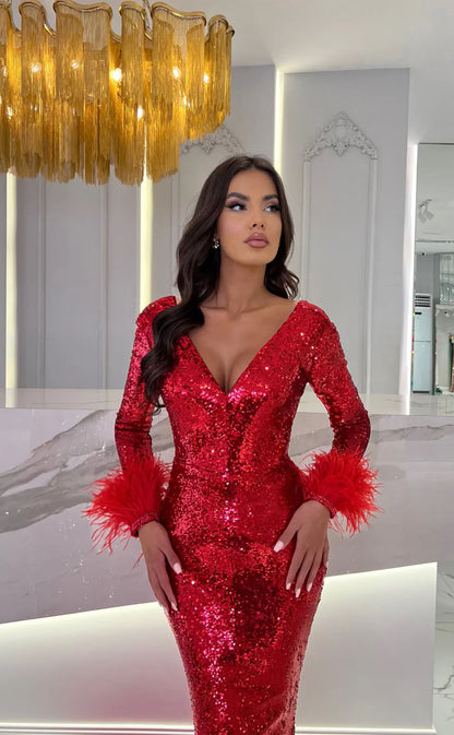 RP1749-Charming Red Mermaid V-Neck Feather Sequins Long Sleeves Prom Evening Dresses Formal Party Gowns With Train