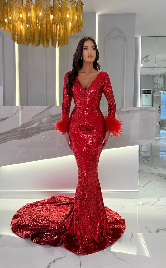 RP1749-Charming Red Mermaid V-Neck Feather Sequins Long Sleeves Prom Evening Dresses Formal Party Gowns With Train