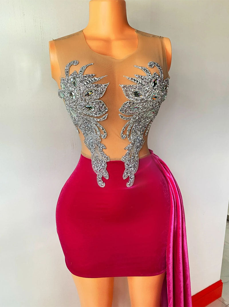 Sexy Velvet Blue Fuchsia Sheath Shiny Rhinestone Appliques O Neck Transparent Above Train Knee Party Gowns Women Dress for Homecoming Graduation Party Cocktail Custom